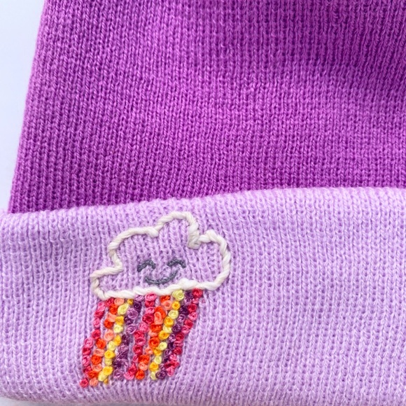 Purple Rainbow Cloud Hand Embroidered Kids Winter Hat Beanie - Picture 2 of 3